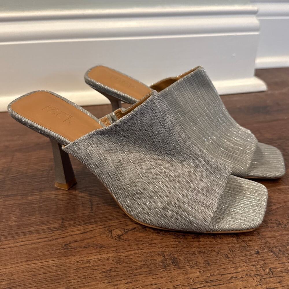 Nordstrom Rack Silver Square Toe Betty Open Toe Slip On Heels 3.75" Size 7.5